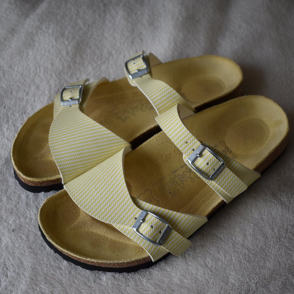 Birkenstock Aziza Yellow Striped Birki's Double Strap Sandals 37